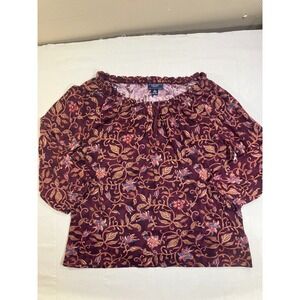 Chaps Denim Womens XL Burgundy Floral Cotton Peasant Blouse 3/4 Sleeve Boho Top